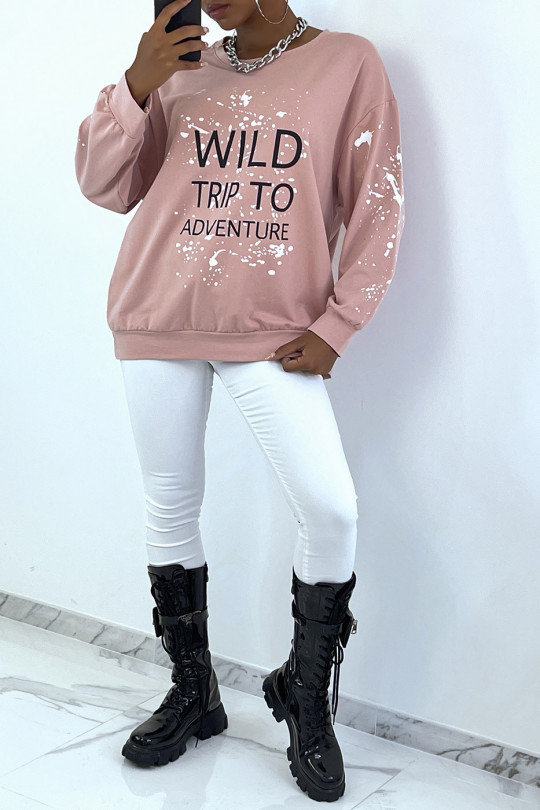 Pink oversized sweatshirt with stain and writing pattern - 3