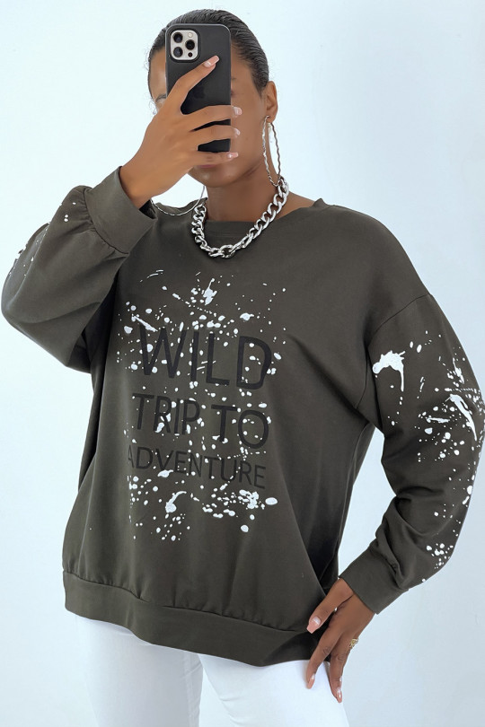 Khaki oversized sweatshirt with stain and writing pattern - 2