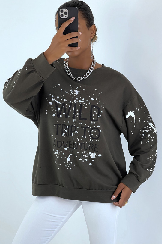 Khaki oversized sweatshirt with stain and writing pattern - 3