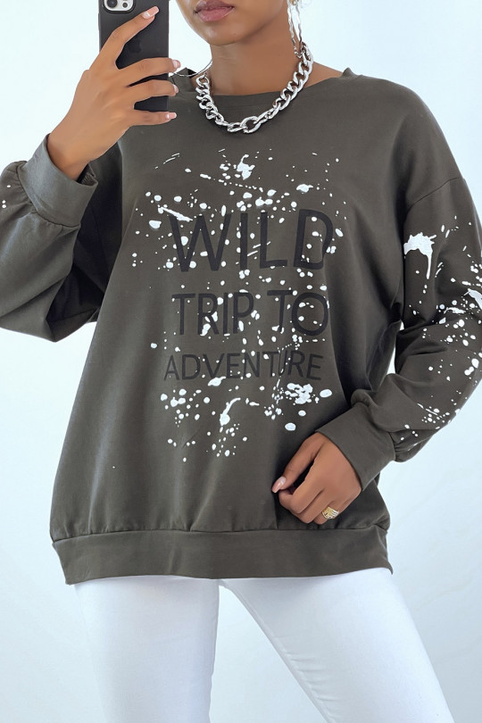 Khaki oversized sweatshirt with stain and writing pattern - 4