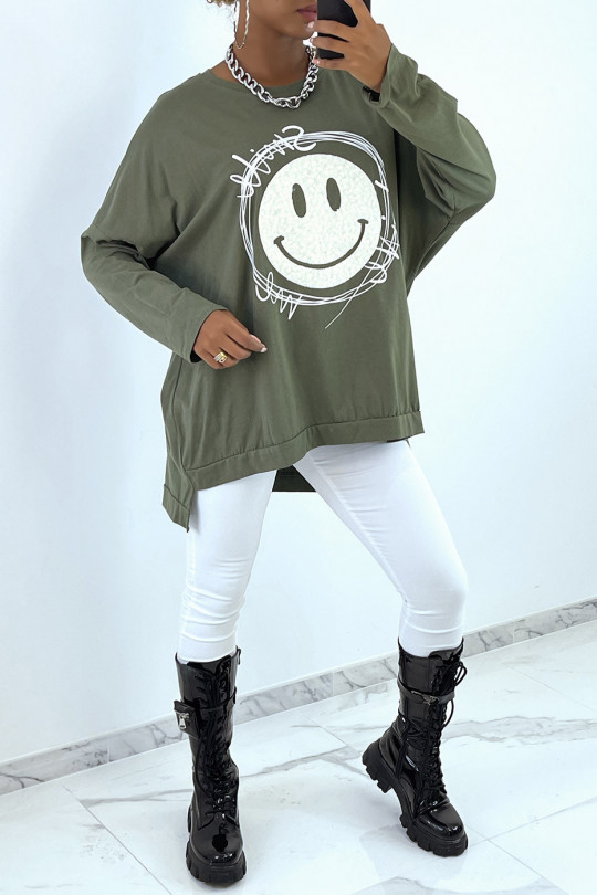 Sweat kaki over size avec motif et écriture smile. Sweat femme - 1