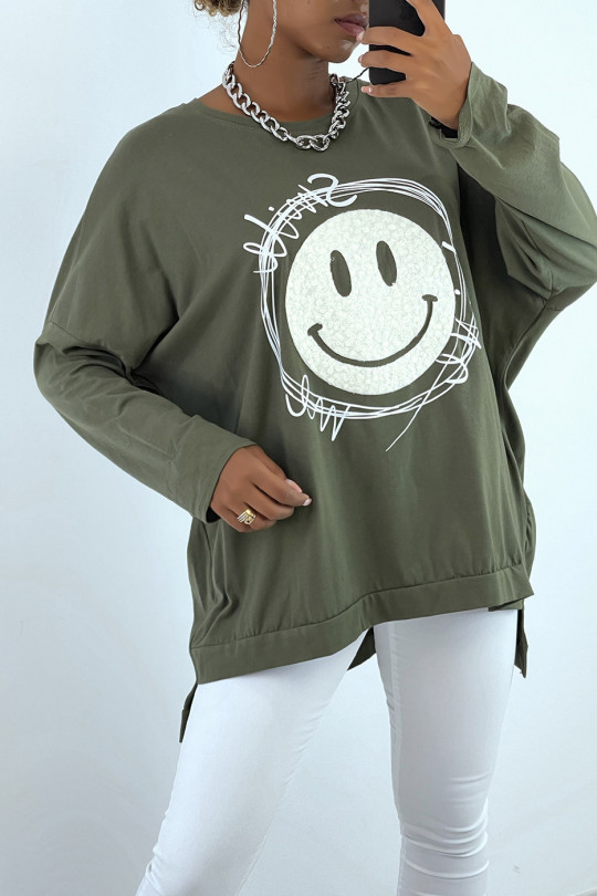 Sweat kaki over size avec motif et écriture smile. Sweat femme - 2