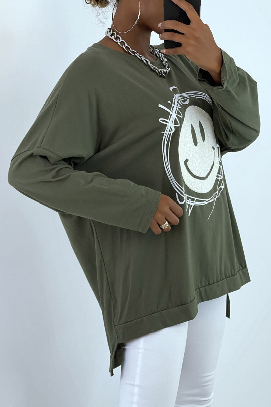 Sweat kaki over size avec motif et écriture smile. Sweat femme - 3
