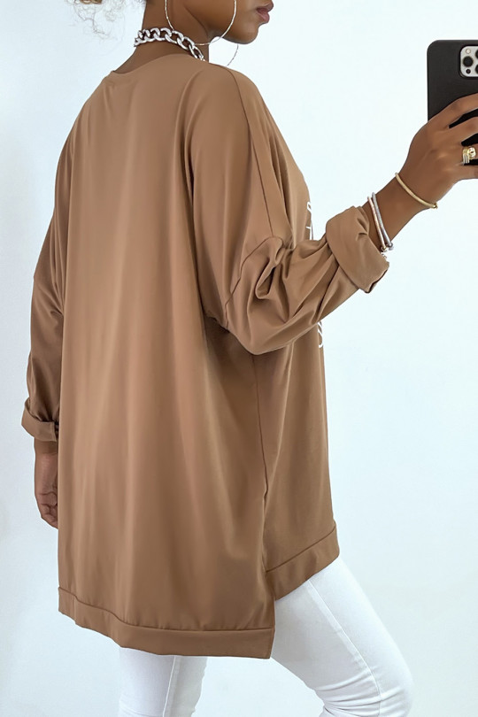 Sweat camel over size avec motif et écriture smile. Sweat femme - 4