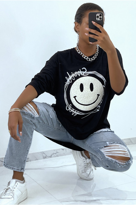 Sweat noir over size avec motif et criture smile. Sweat femme