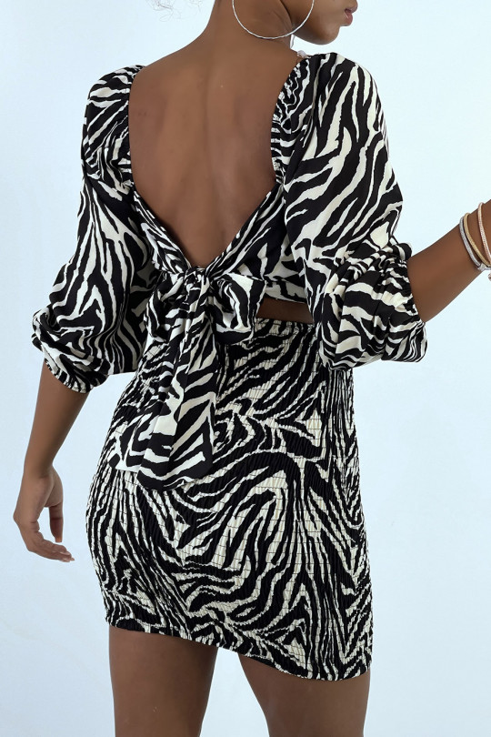 Zebra pattern bodycon dress with gathered cap and open back - 6