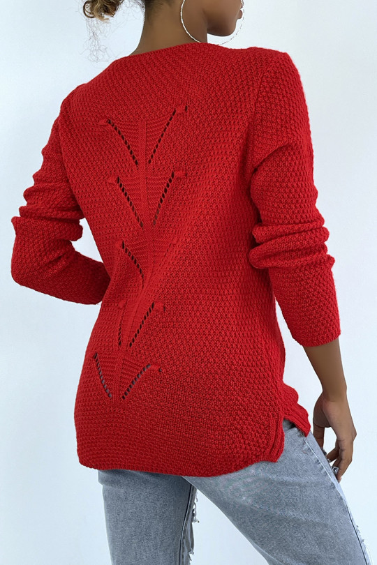 Pull rouge composé de laine tressé à l'arrière - 3