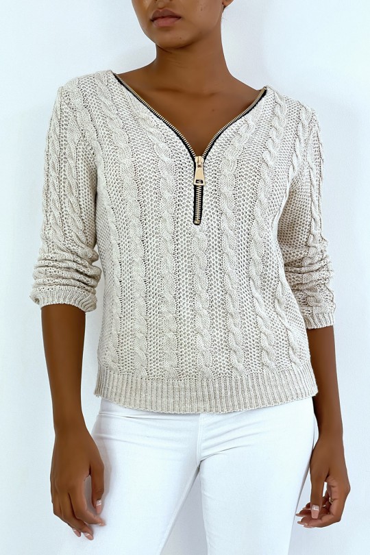 Pull beige en maille torsadée, et col à zip réglable. - 1