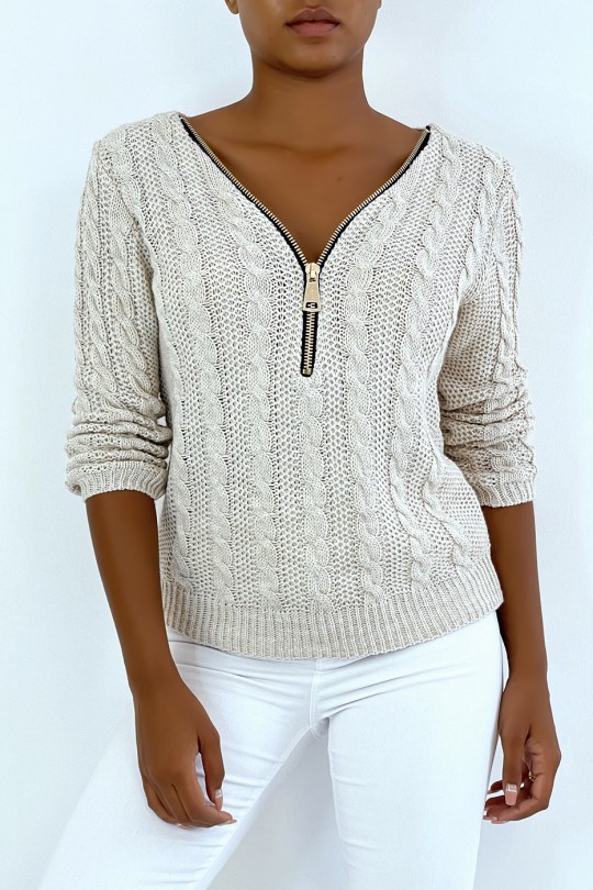 Pull beige en maille torsadée, et col à zip réglable. - 4