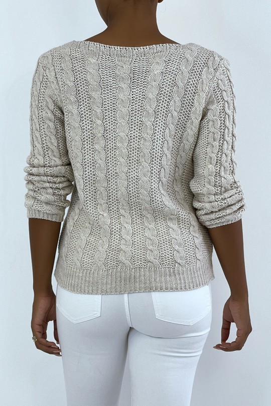 Pull beige en maille torsadée, et col à zip réglable. - 5