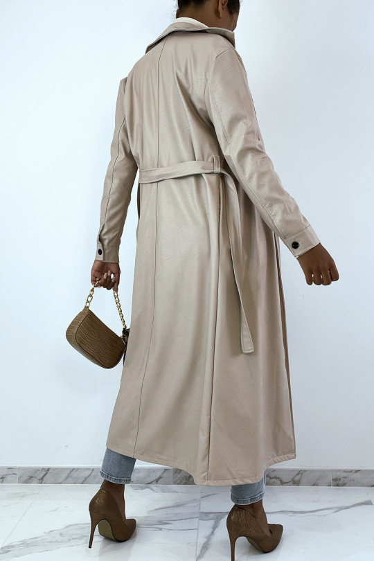 Long manteau beige en simili avec poches. Manteau femme - 3