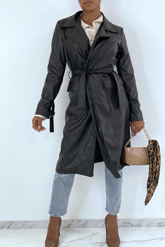 Manteau 3/4 noir en simili avec poches saharienne - 1