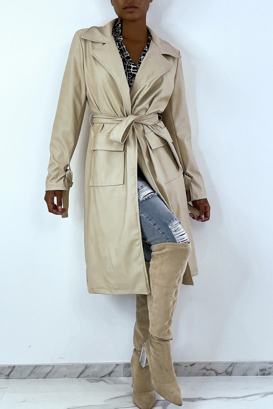 Manteau 3/4 beige en simili avec poches saharienne - 1
