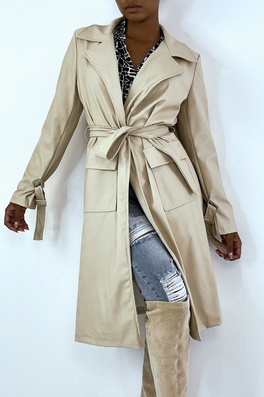 Manteau 3/4 beige en simili avec poches saharienne - 2