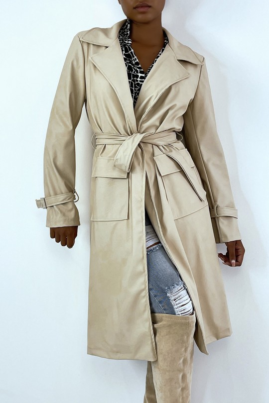 Manteau 3/4 beige en simili avec poches saharienne - 3