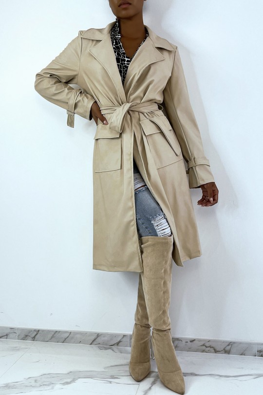 Manteau 3/4 beige en simili avec poches saharienne - 4
