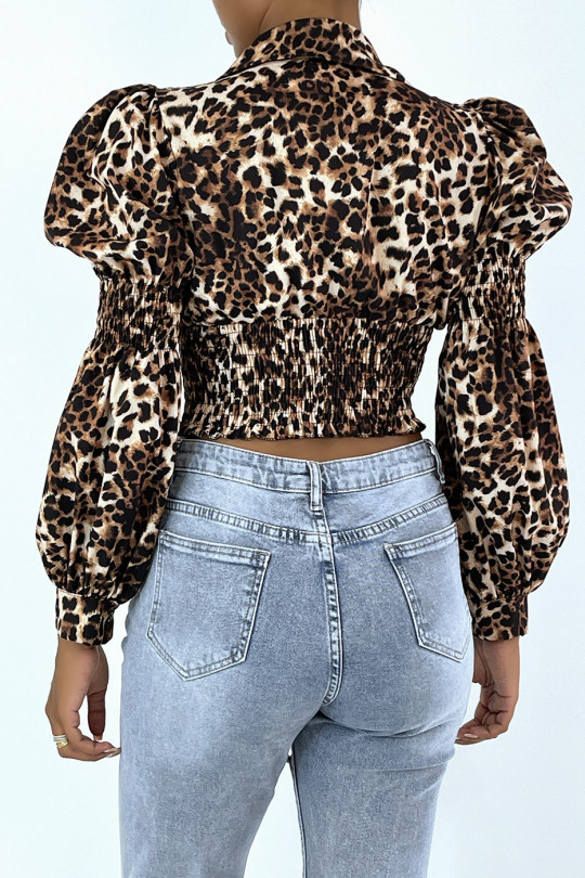 Leopard print crop top with gathered and rounded sleeves - 6
