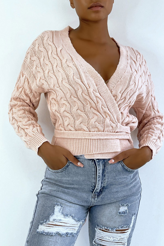 Pink cardigan in chunky knit wrap over heart - 1
