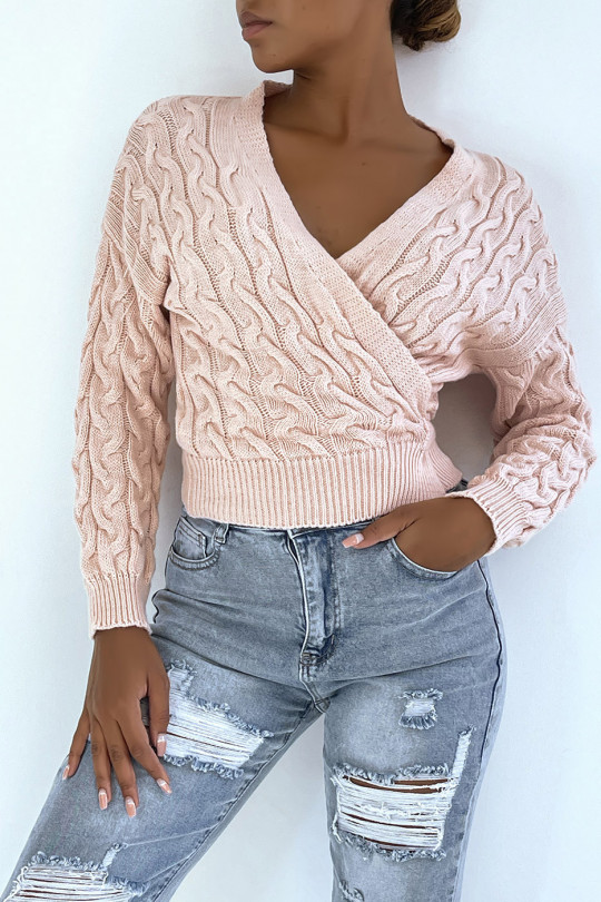 Pink cardigan in chunky knit wrap over heart - 2