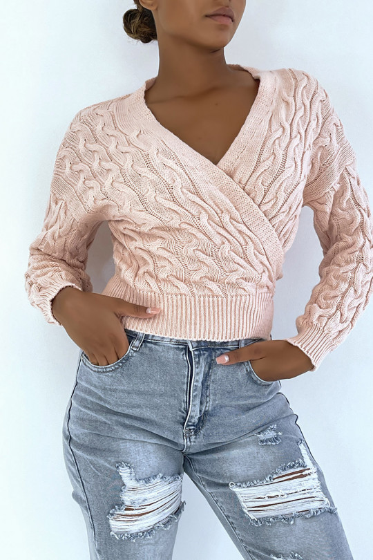 Pink cardigan in chunky knit wrap over heart - 3