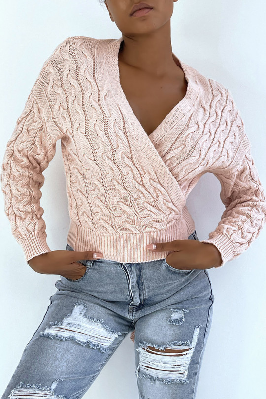 Pink cardigan in chunky knit wrap over heart - 4