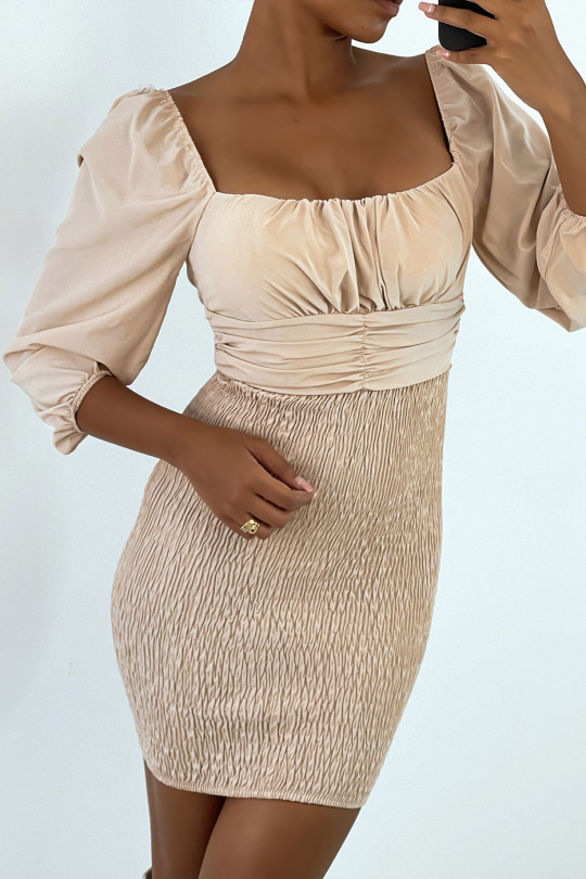 Bodycon dress in beige with bow at the back and gathered at the bottom - 3