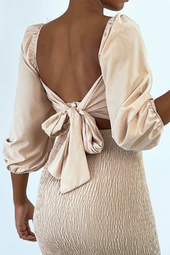 Bodycon dress in beige with bow at the back and gathered at the bottom - 5