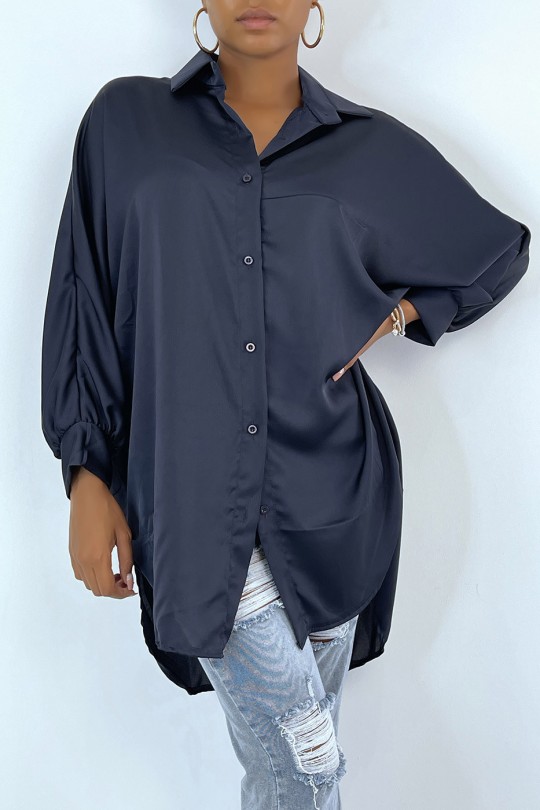 RoLR loose shirt in satin navy over size. Woman shirt - 1