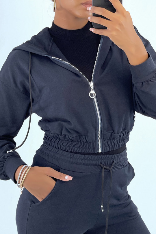 Black jogging set with hooded vest and jogging pockets - 5
