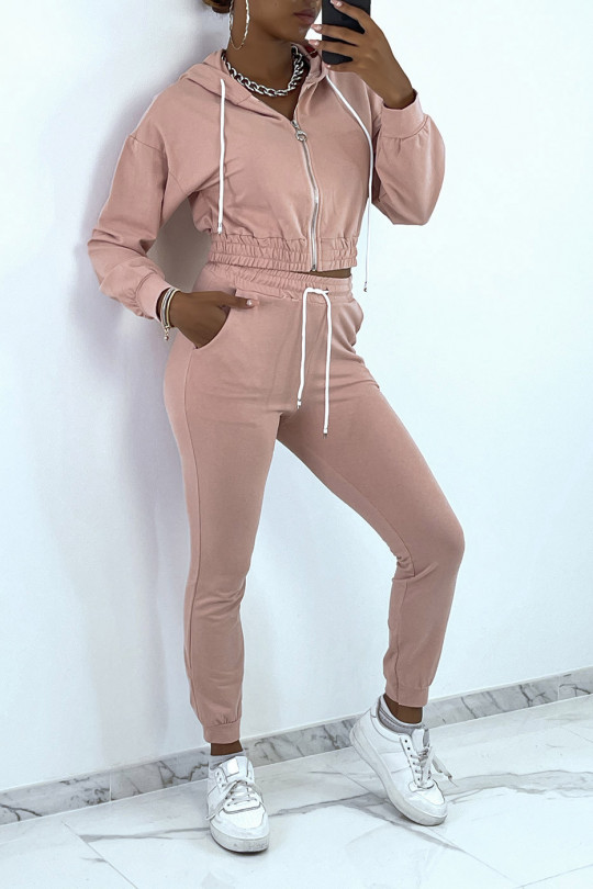Pink jogging set with hooded cardigan and jogging pockets - 1