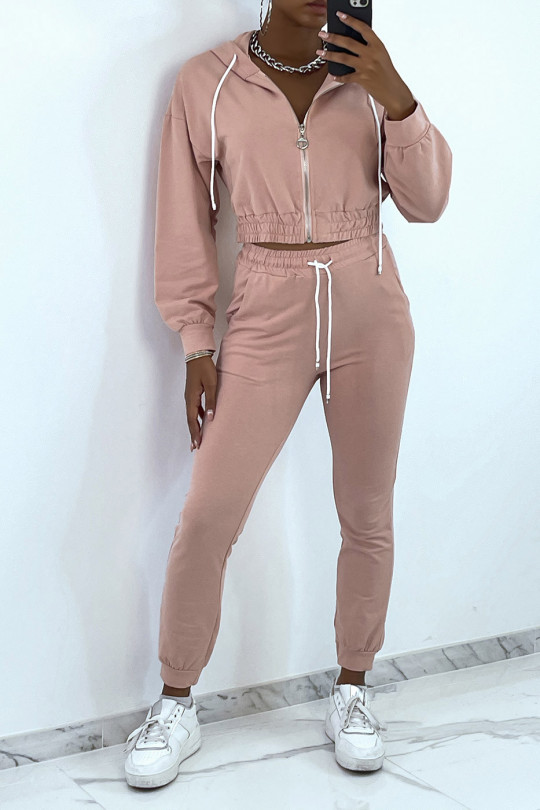 Pink jogging set with hooded cardigan and jogging pockets - 4