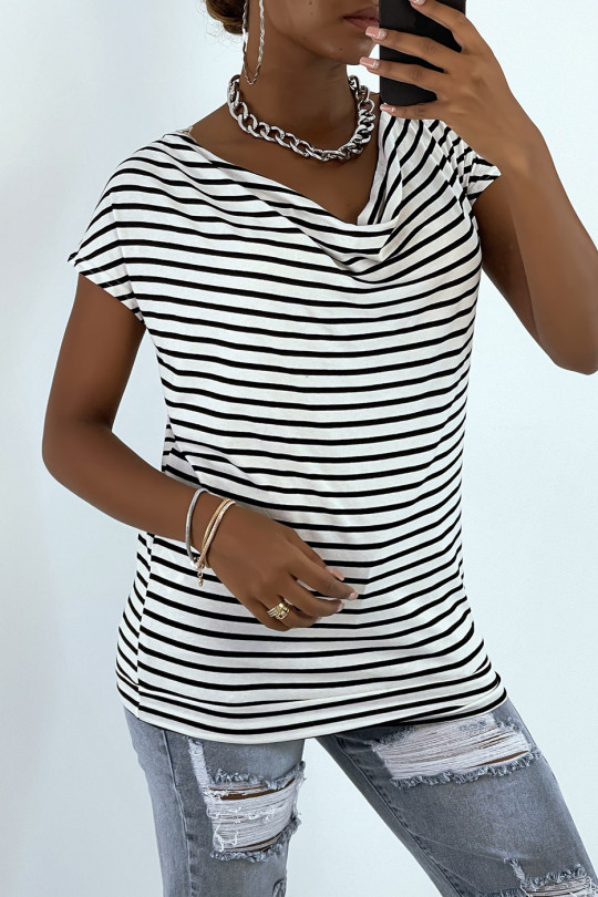 Black and white striped boat neck t-shirt - 1