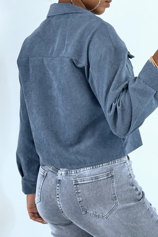 Chemise court en velours bleu avec poches - 4