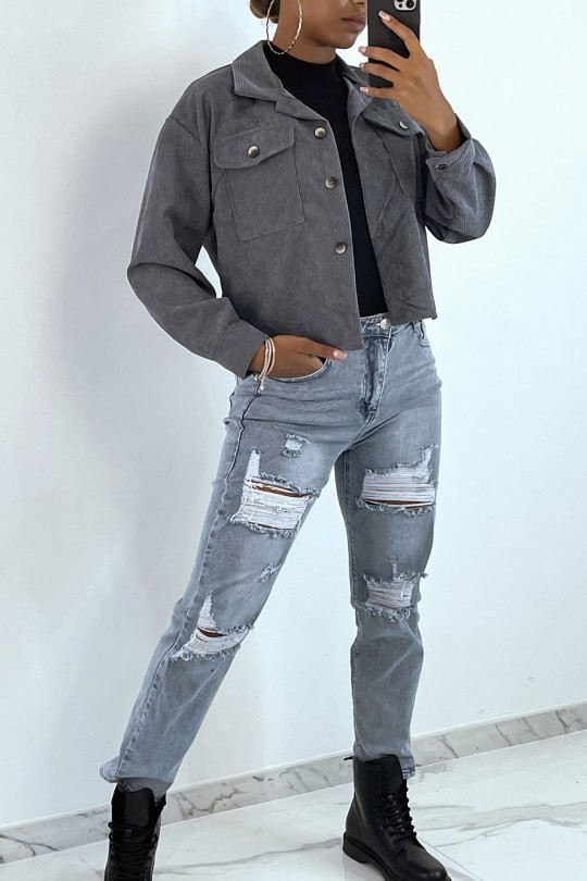 Chemise court en velours gris avec poches - 1