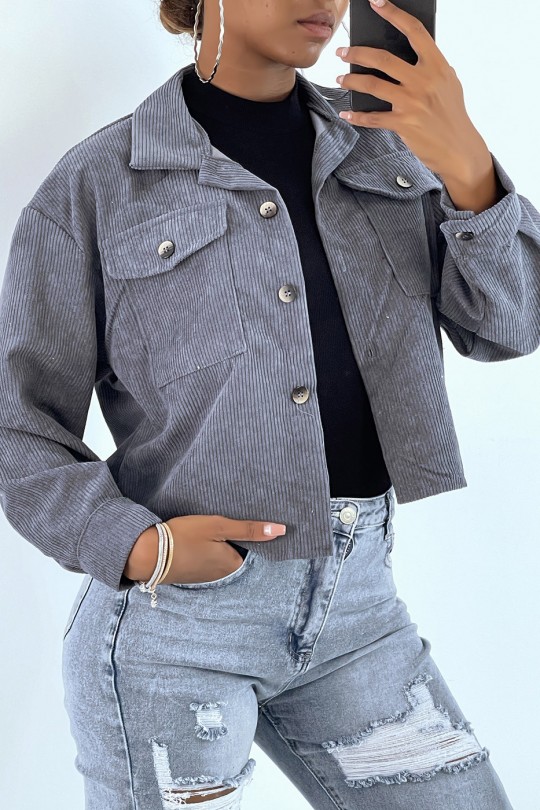 Short gray velvet shirt with pockets - 2