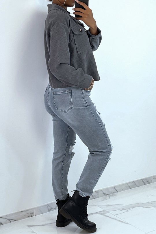 Short gray velvet shirt with pockets - 5