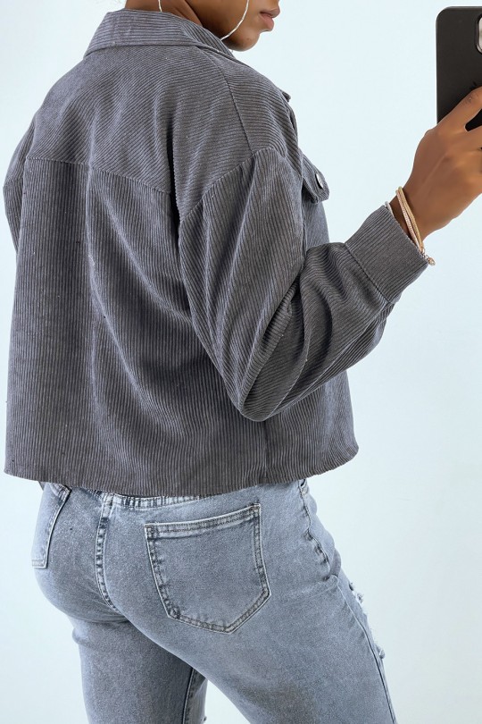 Short gray velvet shirt with pockets - 6