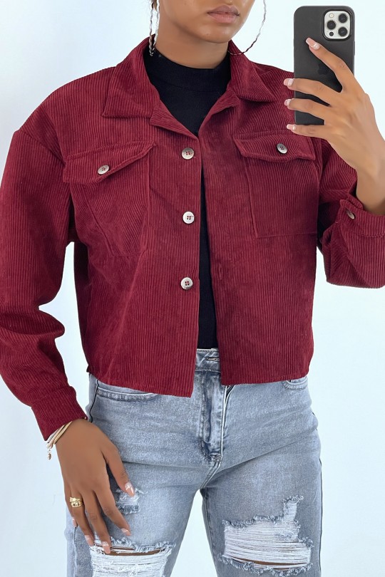 Short burgundy velvet shirt with pockets - 2