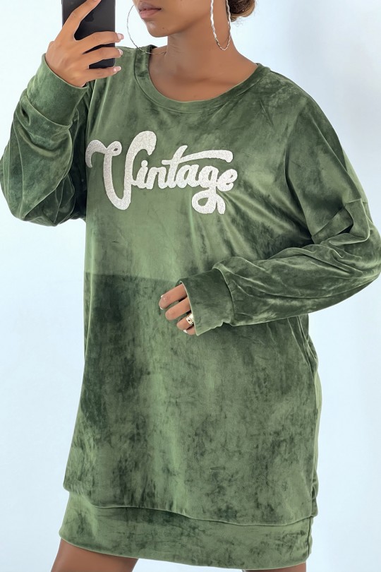 Robe tunique kaki en velours avec écriture vintage - 2
