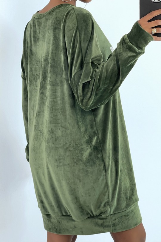 Robe tunique kaki en velours avec écriture vintage - 3