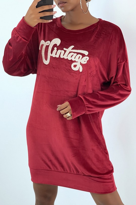Robe tunique bordeaux en velours avec écriture vintage - 2
