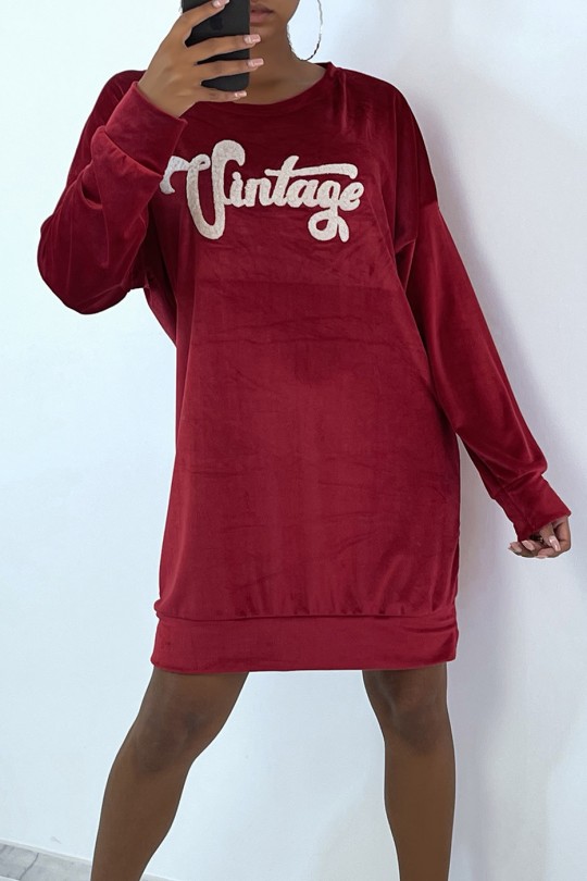 Robe tunique bordeaux en velours avec écriture vintage - 3