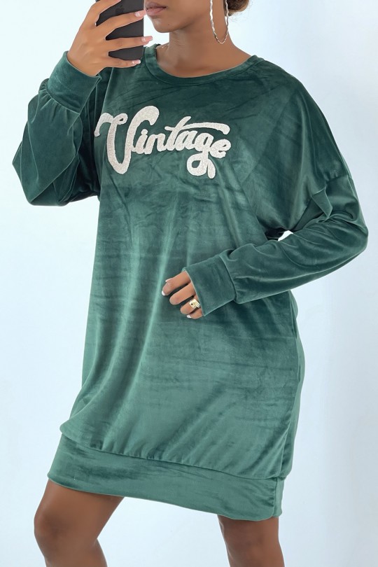 Robe tunique verte en velours avec écriture vintage - 2