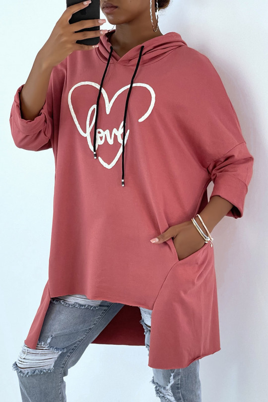Sweat à capuche over size fuchsia avec écriture et motif coeur - 1