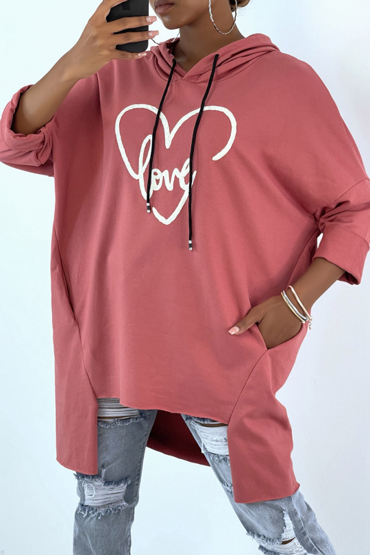 Sweat à capuche over size fuchsia avec écriture et motif coeur - 2