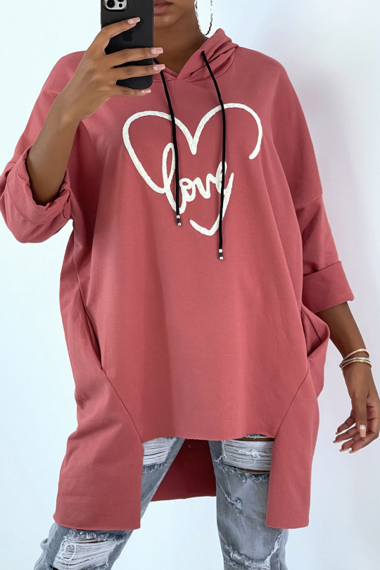 Sweat à capuche over size fuchsia avec écriture et motif coeur - 3