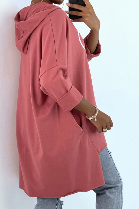 Sweat à capuche over size fuchsia avec écriture et motif coeur - 4