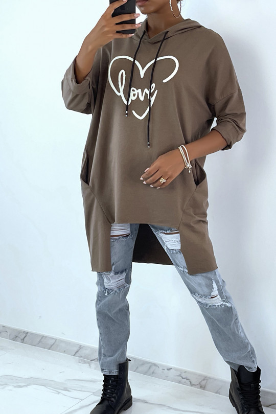 SwSSt oversize taupe hoodie met opschrift en hartjespatroon - 1