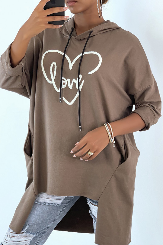 SwSSt oversize taupe hoodie met opschrift en hartjespatroon - 2