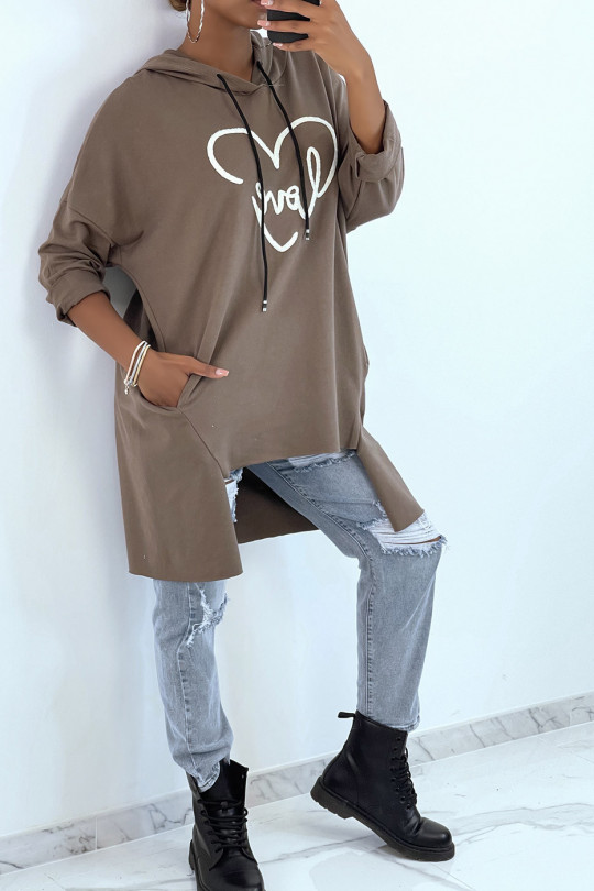 SwTSt over size taupe hoodie with writing and heart pattern - 4